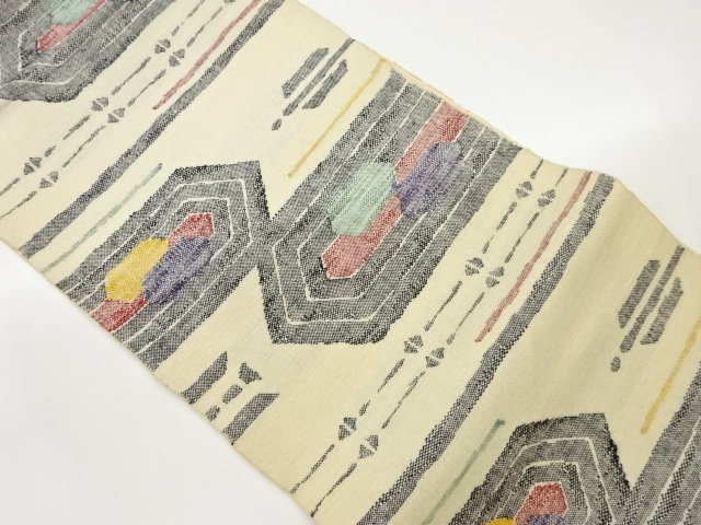 手織り紬変わり横段に抽象模様織出し名古屋帯